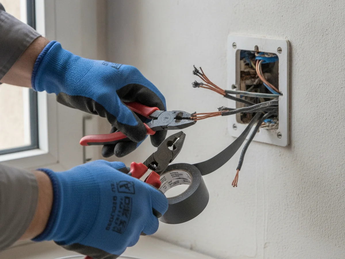 Mani di elettricista che riparano un cablaggio