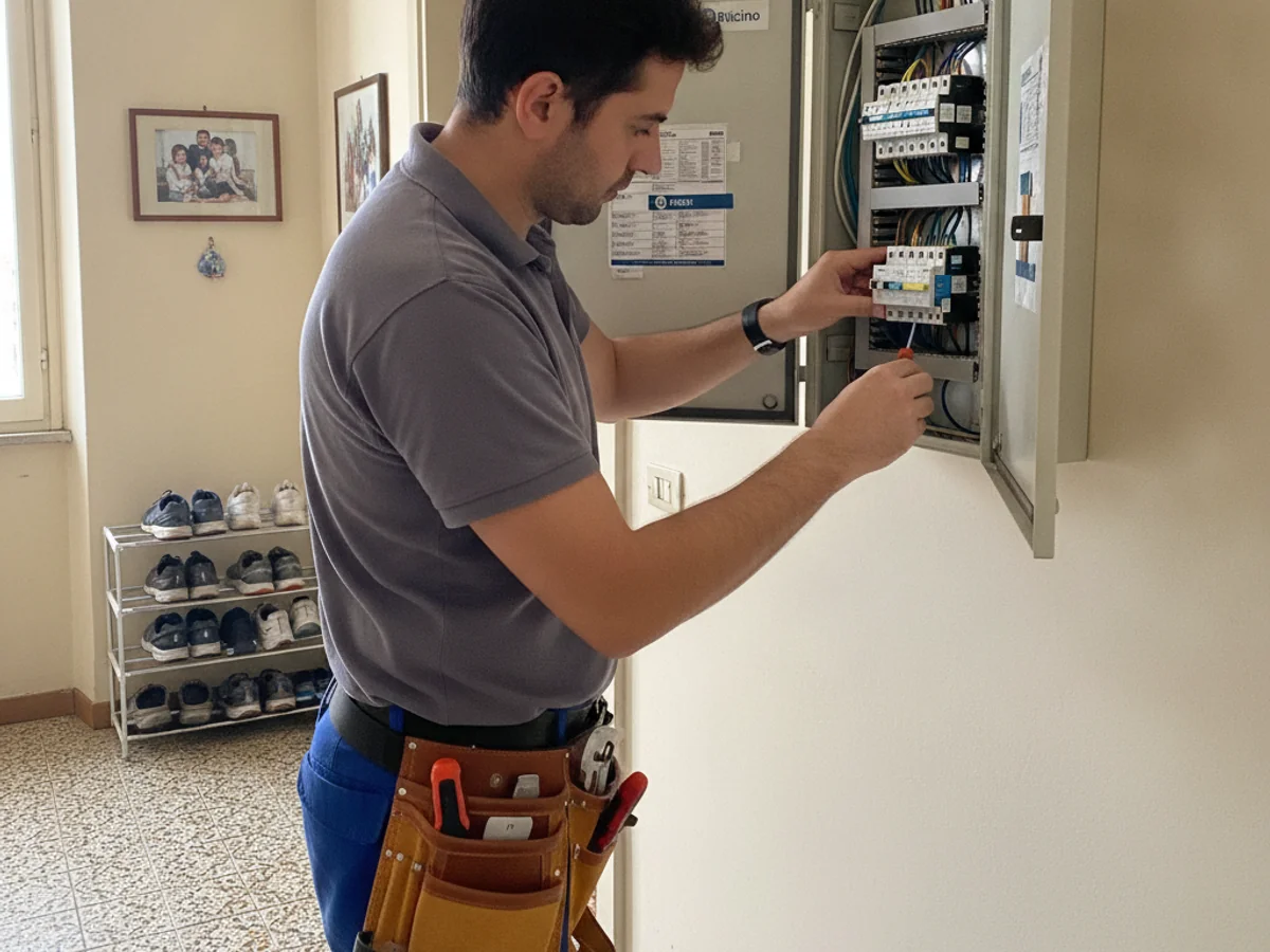 Elettricista al lavoro su quadro elettrico a Milano